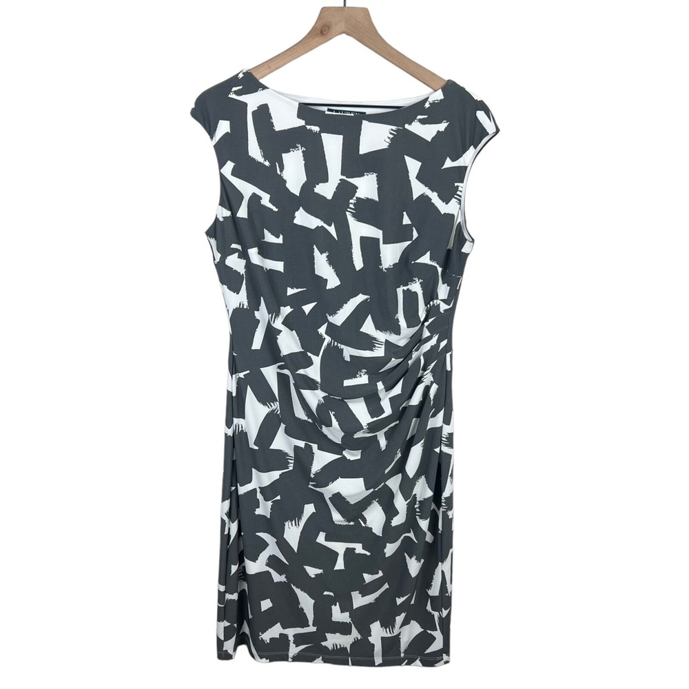 Lauren Ralph Lauren Women 14 Sheath Dress Black White Abstract Ruched Sleeveless
